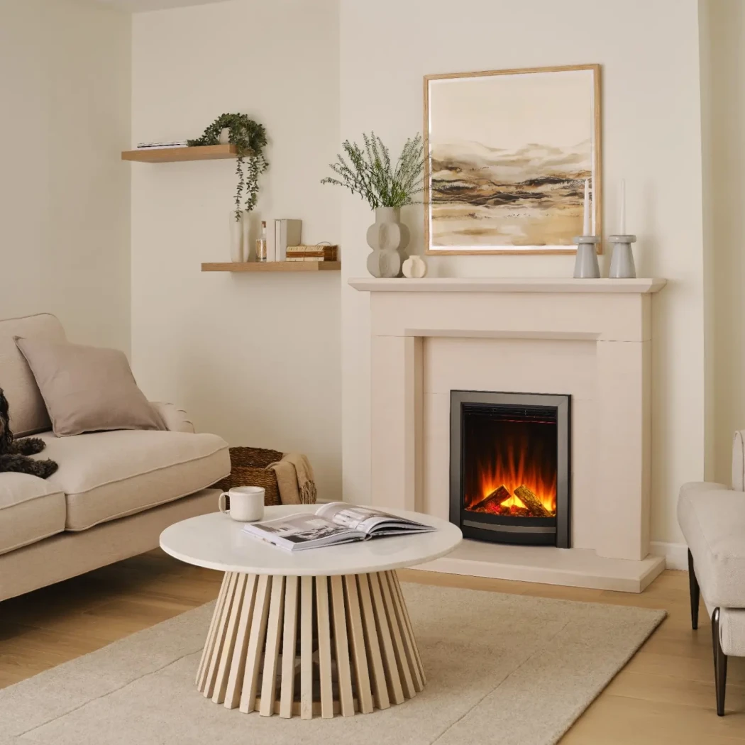 Sway Elegance indbygget elektrisk pejs – sort/nikkel front, LED-flamme, 750–1500 W varme, fjernbetjening, passer til 16\" åbning