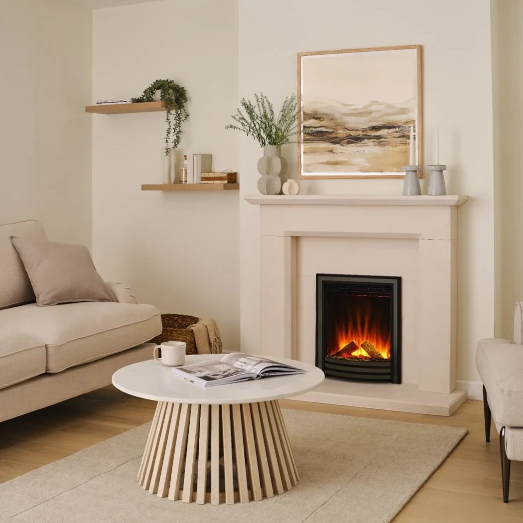 British Fires Sway Classic indbygget elektrisk pejs – Sort/Nikkel front, LED-flamme, 750–1500 W varme, fjernbetjening, passer til 16\" åbning