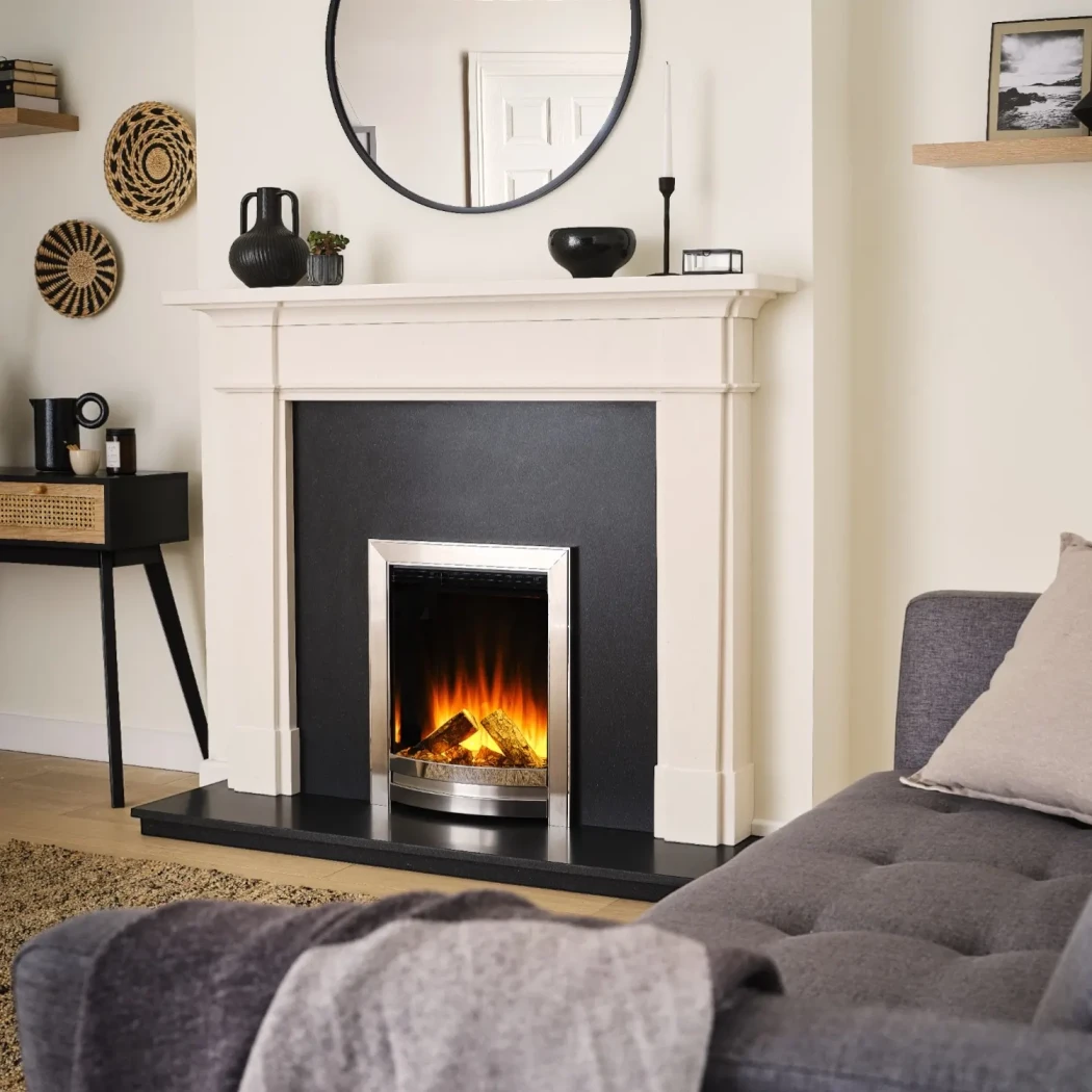 Sway Elegance Indbygget Elektrisk Indsats – Krom/Børstet Stål Front, LED Flamme, 750–1500 W Varme, Fjernbetjening, Passer til 16\" Åbning