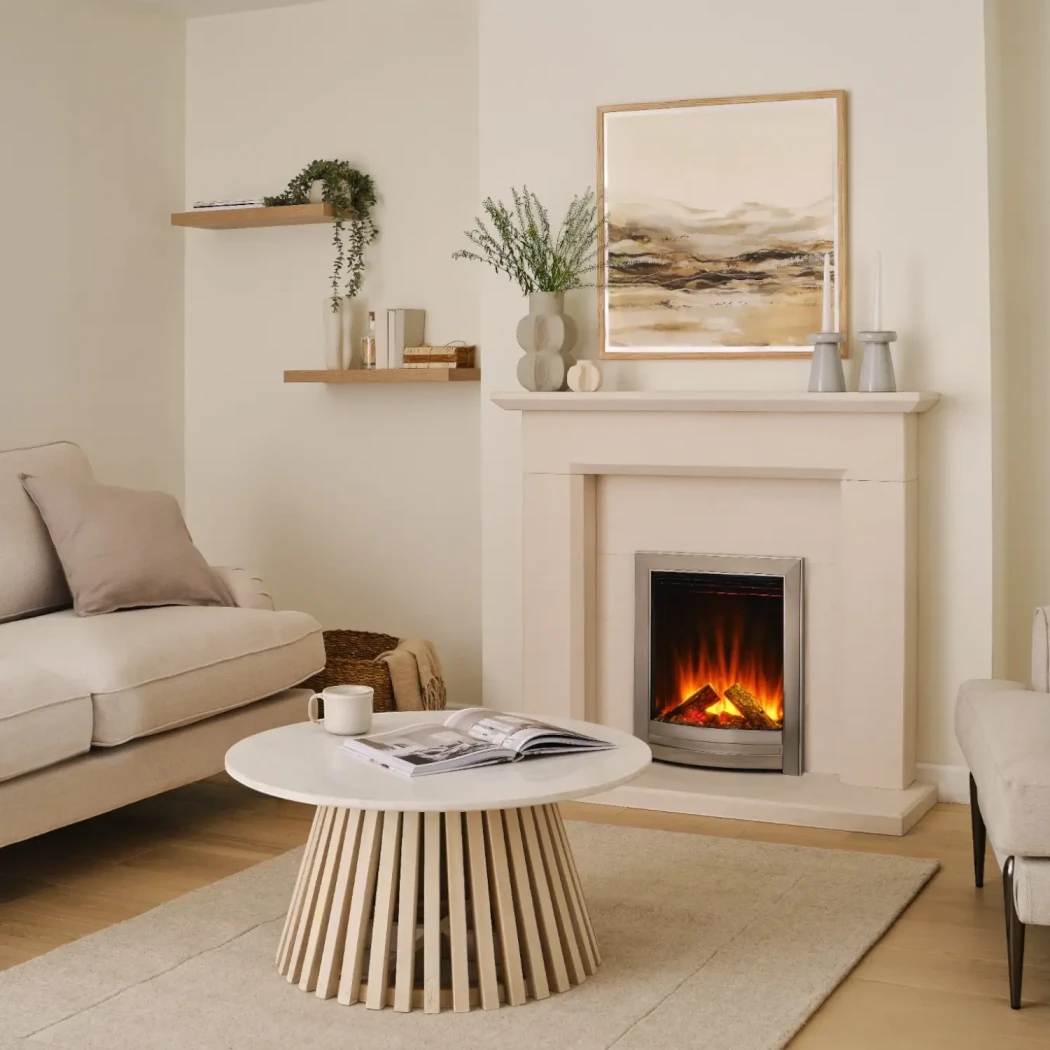 Sway Elegance indbygget elektrisk pejs – Front i krom/nikkel, LED-flamme, 750–1500 W varme, fjernbetjening, passer til 16\" åbning