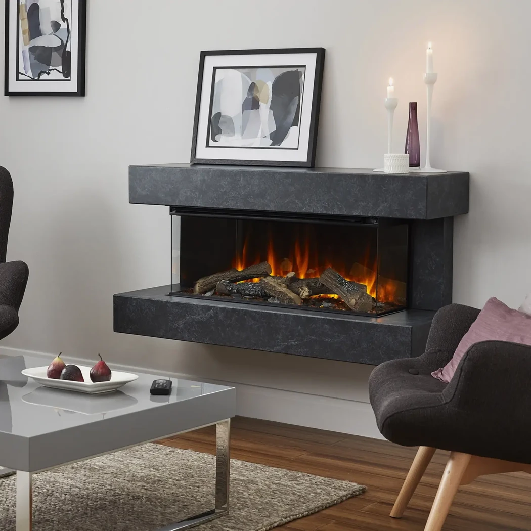 Winchester 1600 elektrisk pejseindsats fra British Fires | Grå marmor karm, 3-sidet flammeudsigt, op til 1,5 kW varmeeffekt