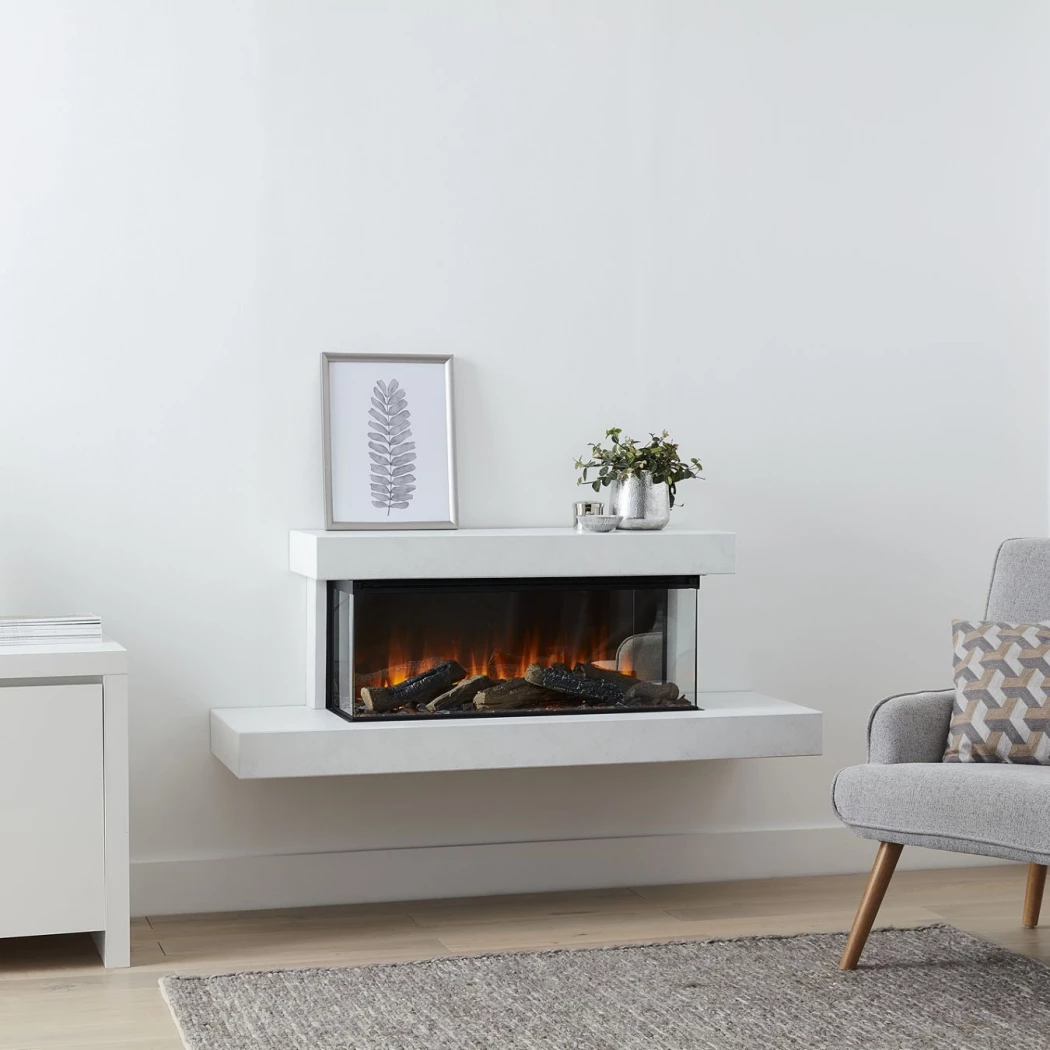 British Fires – Brockenhurst 1200 elektrisk pejseindsats | Hvid Marmor, 3-sidet flammekig, 1500 W varmeeffekt