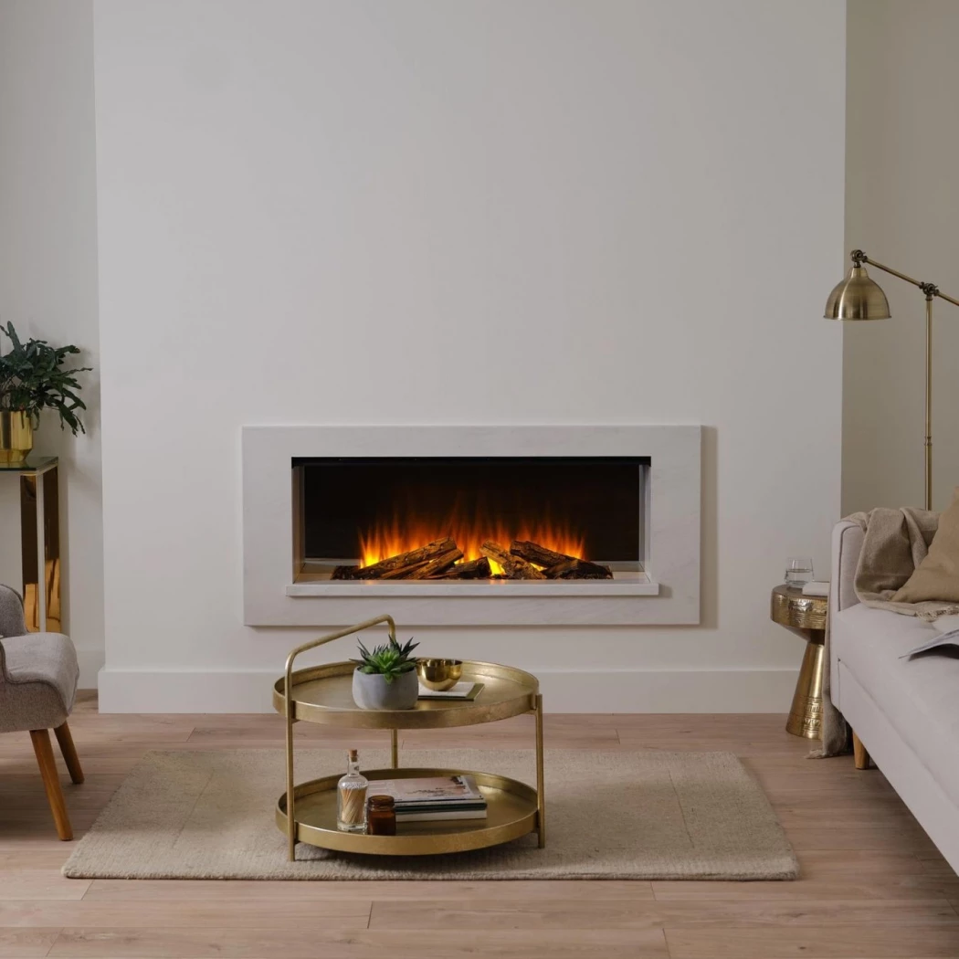 Holbury 1200 Elektrisk Pejseindsats af British Fires | Hvid Marmorfinish, Frontåbent Design, op til 1,5 kW Varmeeffekt