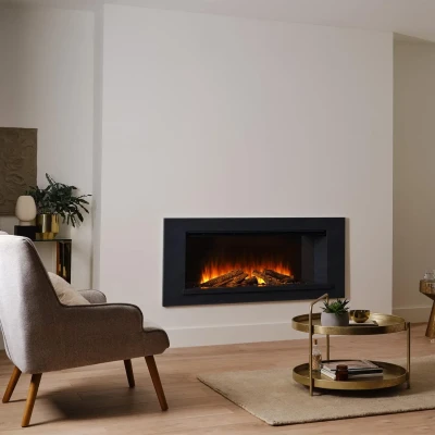 Holbury 1200 Grå Marmor frontåbnet indbygget elektrisk pejsesæt med åbent flammedesign og egetræslogsæt