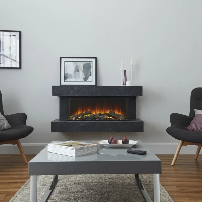 Winchester 870 grå marmor vægmonteret elektrisk pejsesæt med mantel og tre-sidet flammesyn