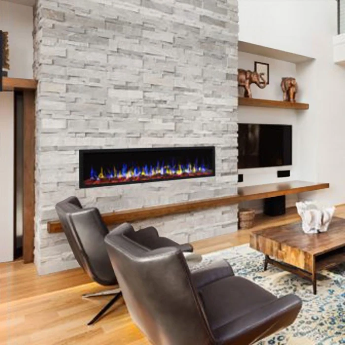 Aflamo Pride Slim elektrisk pejs på hvid baggrund, der fremhæver det slanke design og ultra-tynde profil